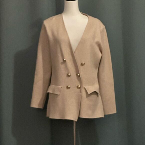 80 Park Sweaters - 80 Park Women's Double-Breasted Sweater Blazer Tan Cardigan Size L
